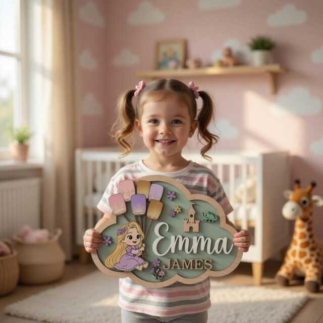 Personalized Rapunzel Nursery Name Sign, 3D Wood Princess Wall Art, Custom Baby Girl Room Decor, Tangled Gift - image 1