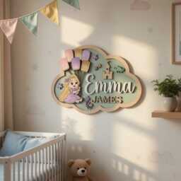 Personalized Rapunzel Nursery Name Sign, 3D Wood Princess Wall Art, Custom Baby Girl Room Decor, Tangled Gift - thumbnail 3