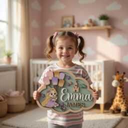 Personalized Rapunzel Nursery Name Sign, 3D Wood Princess Wall Art, Custom Baby Girl Room Decor, Tangled Gift - thumbnail 1