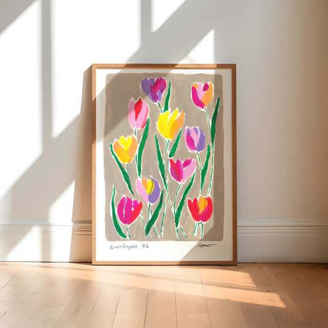 Tulips Painting Art Print/Hand Painted Abstract Floral Colourful Flower Market Gallery Wall - image 1