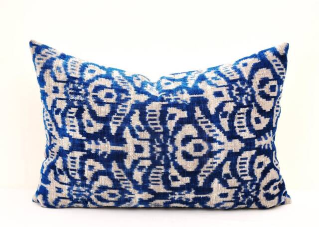 Handloom Silk Velvet Ikat Pillow Cover, Blue Accent Throw - image 1