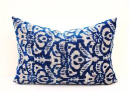 Handloom Silk Velvet Ikat Pillow Cover, Blue Accent Throw - thumbnail 1
