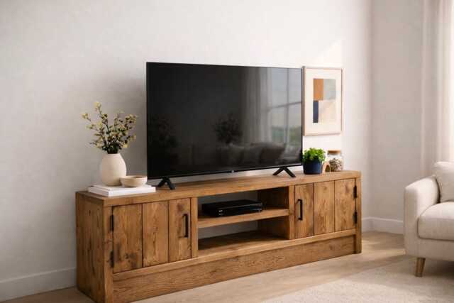 Solid Wood Tv Stand Media Unit With Cupboard Storage - Rustic Industrial Handmade Cabinet - image 1