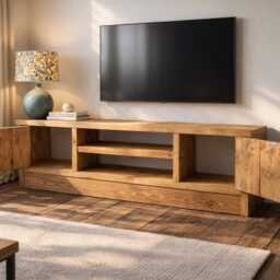 Solid Wood Tv Stand Media Unit With Cupboard Storage - Rustic Industrial Handmade Cabinet - thumbnail 3