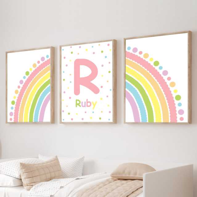 Personalized Rainbow Nursery Prints Set Of 3 Pastel Polka Dot Wall Art - image 1