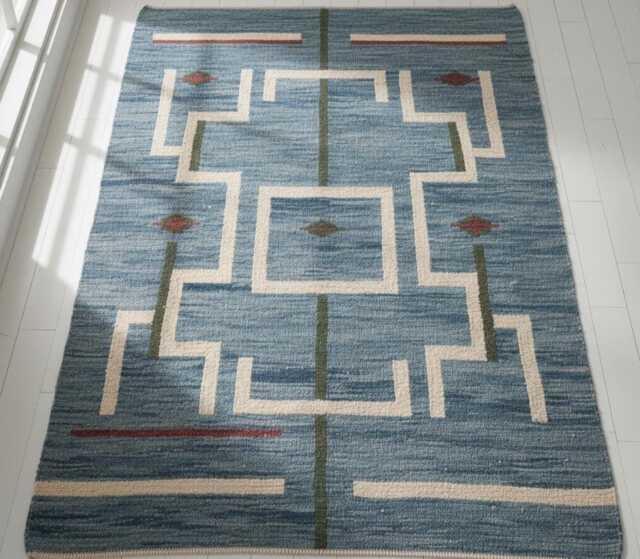 Blue Geometric Rug Runner - Hand Made Scandinavian Hallway Decor Area Rug - image 1
