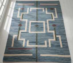 Blue Geometric Rug Runner - Hand Made Scandinavian Hallway Decor Area Rug - thumbnail 1