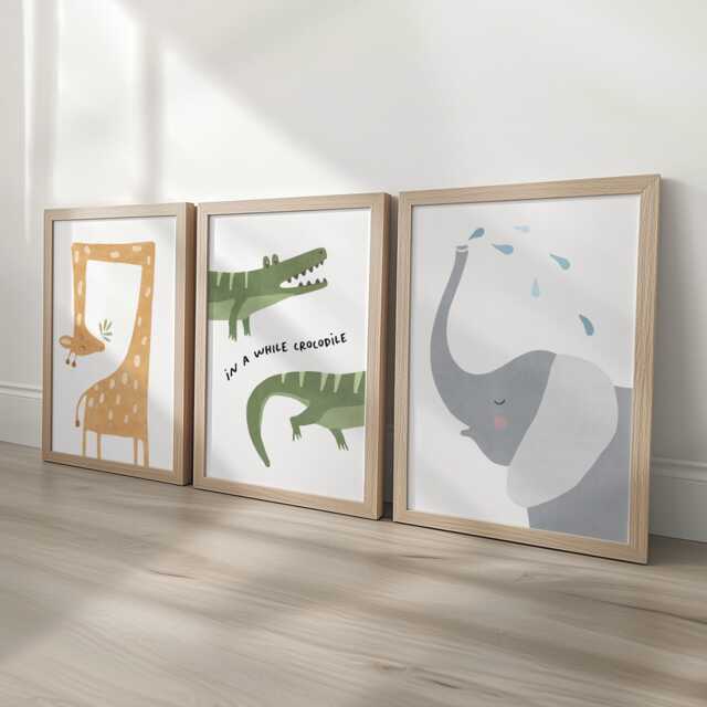 Whimsical Safari Nursery Prints - Giraffe, Crocodile, Elephant Set Of 3 - Scandi Animal Wall Art For Kids Optional Frame Custom Name Print - image 1