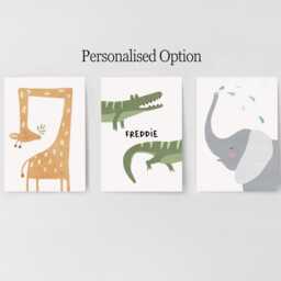 Whimsical Safari Nursery Prints - Giraffe, Crocodile, Elephant Set Of 3 - Scandi Animal Wall Art For Kids Optional Frame Custom Name Print - thumbnail 2