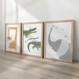 Whimsical Safari Nursery Prints - Giraffe, Crocodile, Elephant Set Of 3 - Scandi Animal Wall Art For Kids Optional Frame Custom Name Print - thumbnail 1