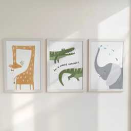 Whimsical Safari Nursery Prints - Giraffe, Crocodile, Elephant Set Of 3 - Scandi Animal Wall Art For Kids Optional Frame Custom Name Print - thumbnail 3