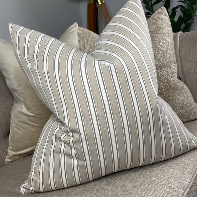 Cotton Linen Blend Cushion Cover, Beige Nautical Striped Pillow Cover John Lewis Fabric, Double Sided - Countryside Home - image 1