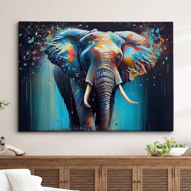 Elephant Animal Abstract Oil Painting Colourful Paint Splatter Style Wall Art Framed Canvas Poster Print, Home Office Room Decor Gifts - image 1