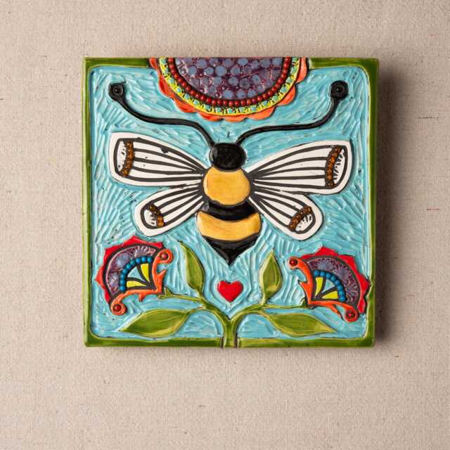 Honey Bee Handmade Tile, Ceramic Mosaic Wall Art, 8 Inch Square Tile Winged Wonders Series - image 1