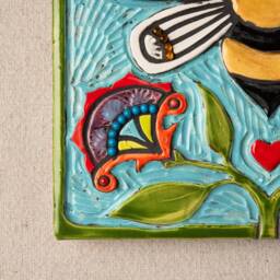 Honey Bee Mounted Handmade Tile Ceramic & Mosaic Wall Art, 8 Inch Square Tile, Made To Order - Winged Wonders Series - thumbnail 2