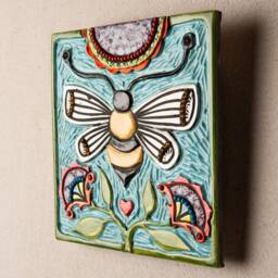 Honey Bee Mounted Handmade Tile Ceramic & Mosaic Wall Art, 8 Inch Square Tile, Made To Order - Winged Wonders Series - thumbnail 3