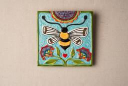 Honey Bee Mounted Handmade Tile Ceramic & Mosaic Wall Art, 8 Inch Square Tile, Made To Order - Winged Wonders Series - thumbnail 1
