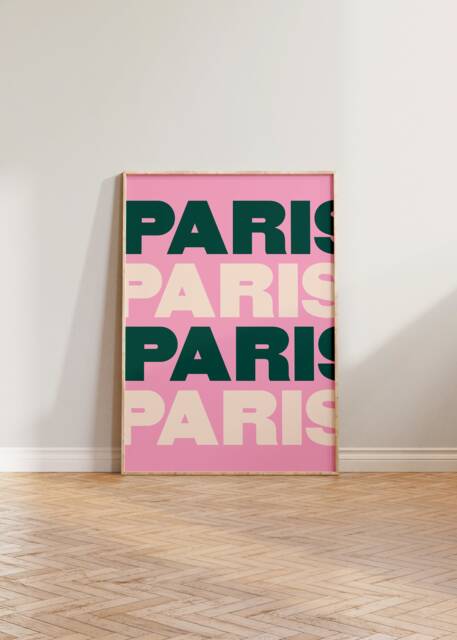 Paris Travel Print, Bright Coloured Poster, France Bold Typographic Art, Pink Green Wall Decor - image 1