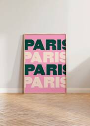 Paris Travel Print, Bright Coloured Poster, France Bold Typographic Art, Pink Green Wall Decor - thumbnail 1