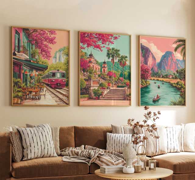 Vietnam Poster Set Of 3, Vintage Travel Illustration, Retro Asia Landscape Wall Art Prints - image 1