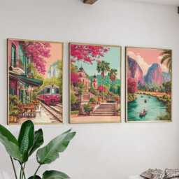 Vietnam Poster Set Of 3, Vintage Travel Illustration, Retro Asia Landscape Wall Art Prints - thumbnail 3