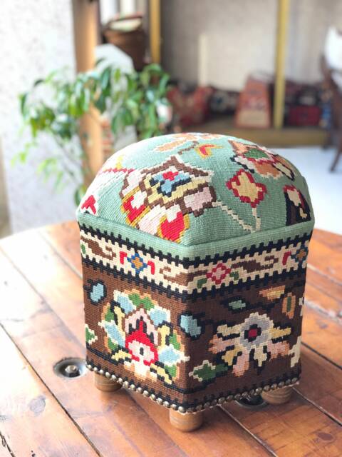 Vintage Kilim Ottoman Stool, Hexagon Turkish Footstool, Handmade Beech Wood Ottoman, Boho Home Decor - image 1