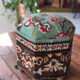 Vintage Kilim Ottoman Stool, Hexagon Turkish Footstool, Handmade Beech Wood Ottoman, Boho Home Decor - thumbnail 3
