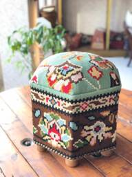 Vintage Kilim Ottoman Stool, Hexagon Turkish Footstool, Handmade Beech Wood Ottoman, Boho Home Decor - thumbnail 1