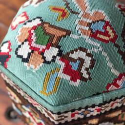 Vintage Kilim Ottoman Stool, Hexagon Turkish Footstool, Handmade Beech Wood Ottoman, Boho Home Decor - thumbnail 2