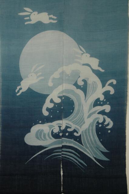 "Linen Noren Doorway Curtain Rabbit, Moon, Wave Design - 35""W X 59" - image 1