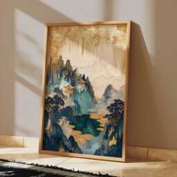 Golden Pagoda Landscape Poster, Oriental Mountain Wall Art, Luxury Gold & Teal Print - thumbnail 2