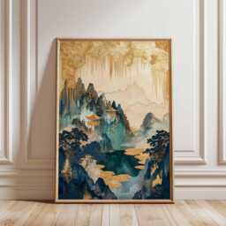 Golden Pagoda Landscape Poster, Oriental Mountain Wall Art, Luxury Gold & Teal Print - thumbnail 1
