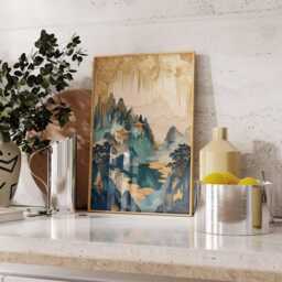 Golden Pagoda Landscape Poster, Oriental Mountain Wall Art, Luxury Gold & Teal Print - thumbnail 3