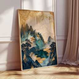 Golden Pagoda Landscape Poster, Oriental Mountain Wall Art, Luxury Gold & Teal Print - thumbnail 4
