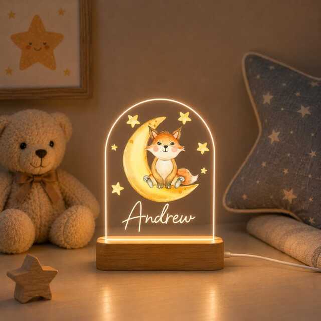 Personalised Night Light Fox & Moon, New Baby, 1st Birthday, Christening Gift, Nursery - image 1