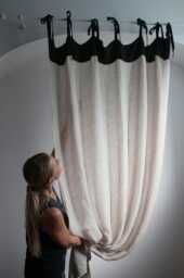 Natural Linen Curtain Panel, Beige Sheer, Black Tie Top, Rustic