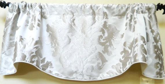 Silver Damask Pattern -Window Valance/Lined Corded /Rod Pocket Scalloped High End Designer Fabric - image 1