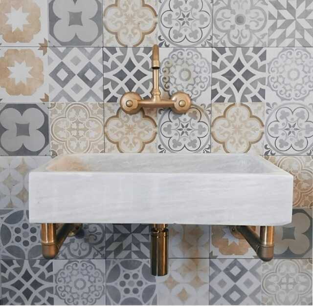 Hand Carved Marble Wall Mount Sink White & Gray Bathroom Vanity - image 1