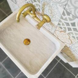 Hand Carved Marble Wall Mount Sink White & Gray Bathroom Vanity - thumbnail 2