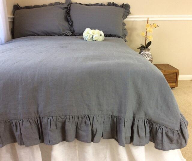 Industrial Rustic Dark Gray Ruffle Linen Duvet Cover Features Easy Flow Ruffles, Shabby Chic Bedding, Grey Ruffle - image 1
