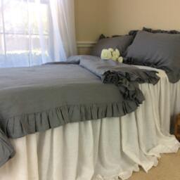 Industrial Rustic Dark Gray Ruffle Linen Duvet Cover Features Easy Flow Ruffles, Shabby Chic Bedding, Grey Ruffle - thumbnail 2