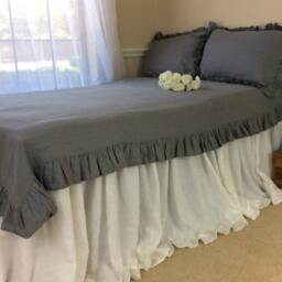 Industrial Rustic Dark Gray Ruffle Linen Duvet Cover Features Easy Flow Ruffles, Shabby Chic Bedding, Grey Ruffle - thumbnail 3