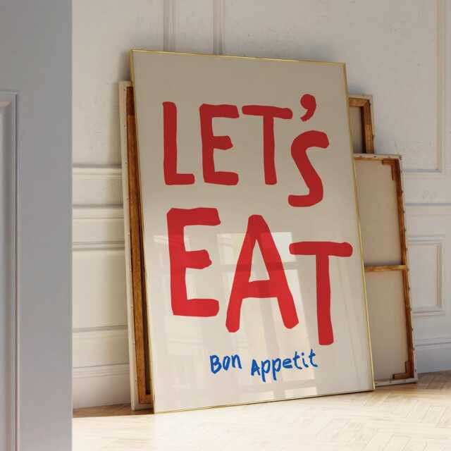 Let's Eat, Bon Appetit Poster, Typography Print, French Quote Kitchen Wall Art, Funky Maximalist Cool Print