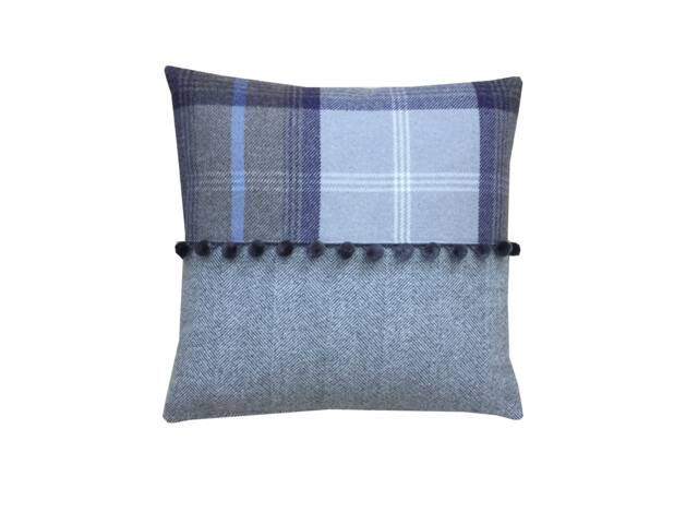 Balmoral Handmade Tartan Plaid Cushion Cover Blue Grey Tweed With Pompoms - image 1