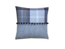 Balmoral Handmade Tartan Plaid Cushion Cover Blue Grey Tweed With Pompoms - thumbnail 1