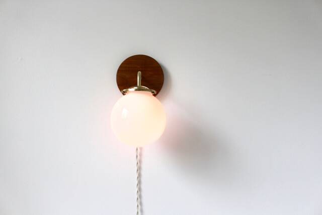 Wall Sconce Lamp, Brass & Wood Modern Mounted Lighting Fixture, Frosted White Glass Globe Shade, Wire-In Or Plug-In - image 1