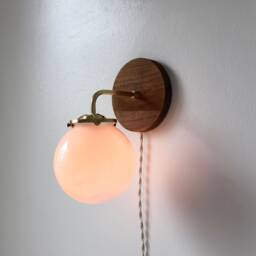 Wall Sconce Lamp, Brass & Wood Modern Mounted Lighting Fixture, Frosted White Glass Globe Shade, Wire-In Or Plug-In - thumbnail 3