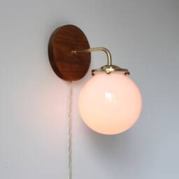 Wall Sconce Lamp, Brass & Wood Modern Mounted Lighting Fixture, Frosted White Glass Globe Shade, Wire-In Or Plug-In - thumbnail 2
