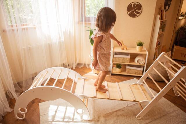 Wooden Gym Set For Toddlers 3 Items Climbing Triangle + Arch Slide, Montessori Furniture, Baby Toy 1 Year Old, White Climber Set - image 1