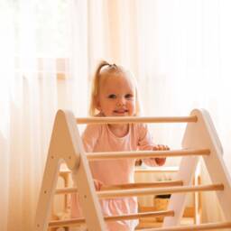 Wooden Gym Set For Toddlers 3 Items Climbing Triangle + Arch Slide, Montessori Furniture, Baby Toy 1 Year Old, White Climber Set - thumbnail 3